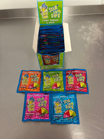 Lock Jaw Sour LiL Dips Candy Powder & Stick 9g Cherry, Blue Raspberry, Pink Lemonade, Orange, Green Apple